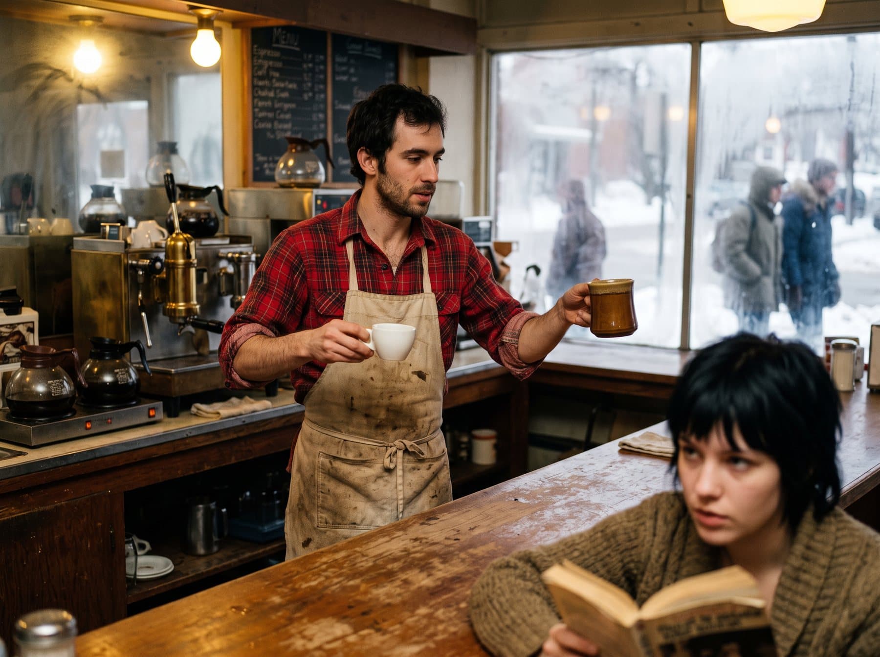 A wiry dark-haired man behind a coffeehouse counter in winter 1979, holding a small espresso cup in one hand and a large mug in the other