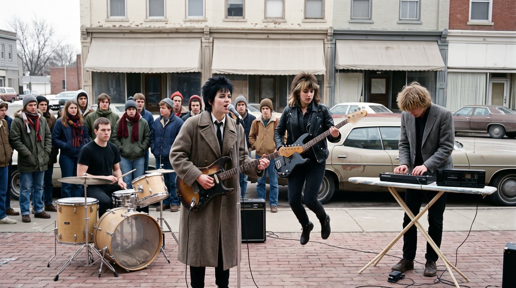 A four-piece band playing on a downtown sidewalk in a Kansas college town in March 1985, a small crowd standing in the cold