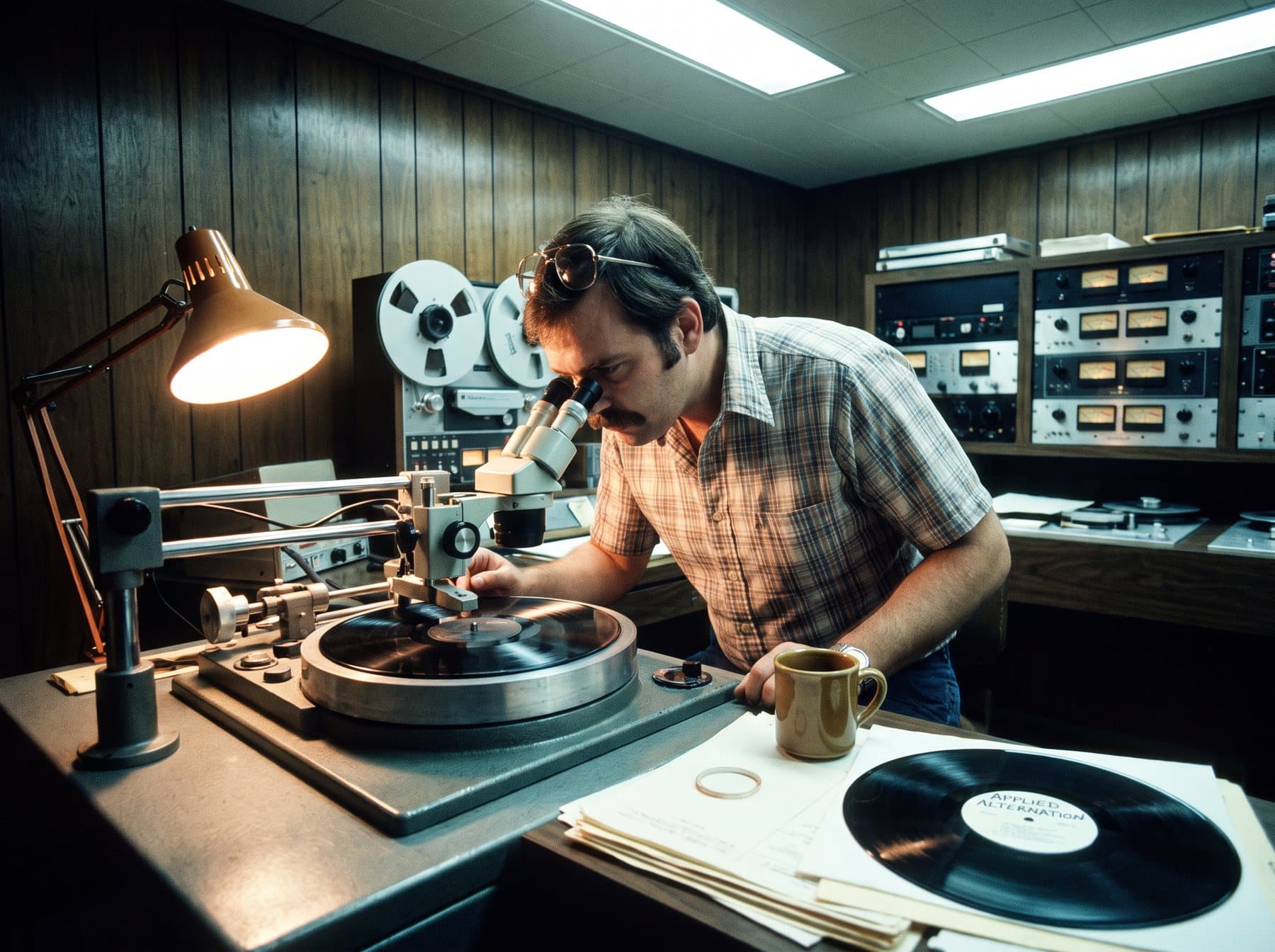 A record-cutting lathe in a small mastering room, a fresh lacquer disc on the platter and an engineer leaning over the microscope